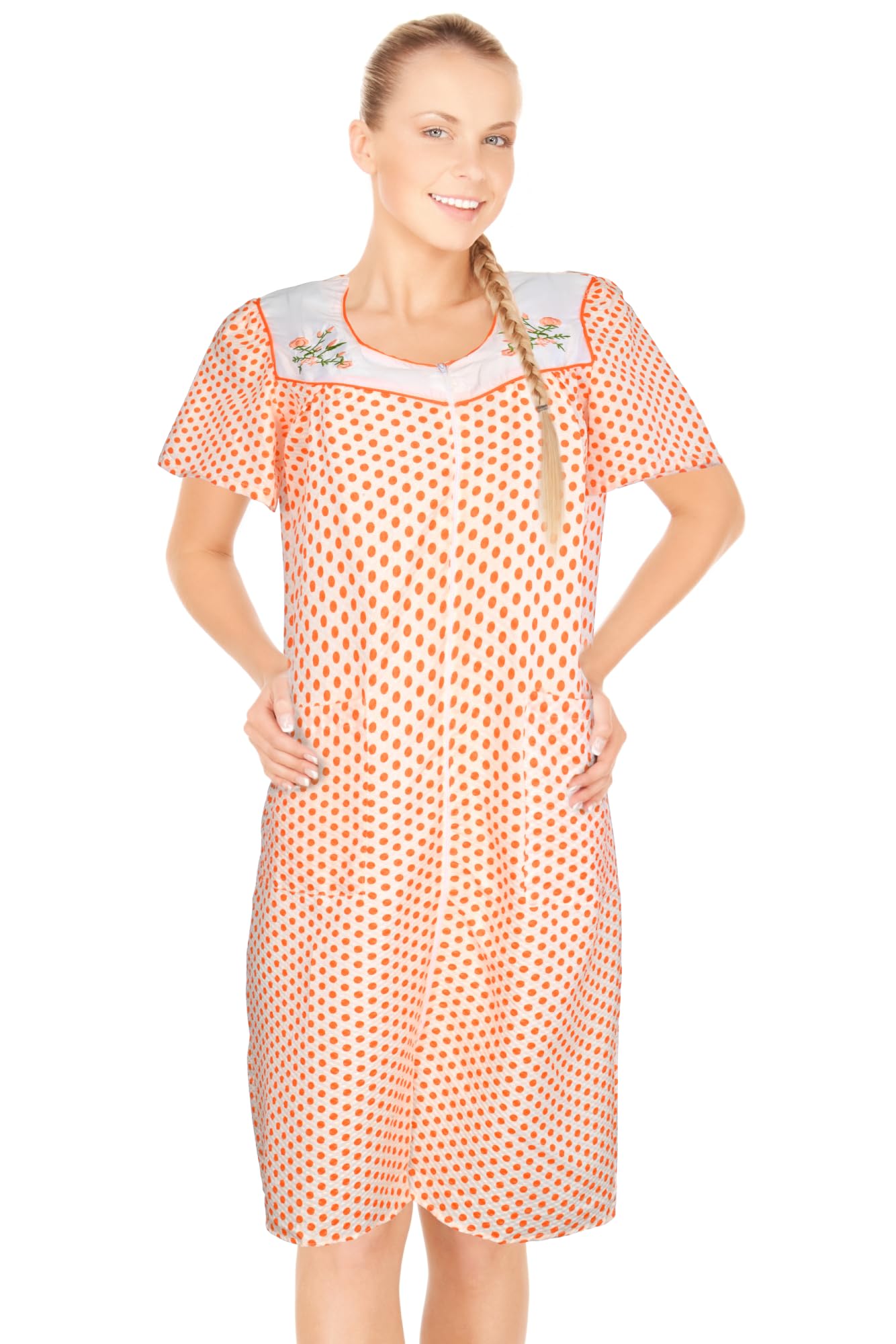 JEFFRICO House Dresses for Women with Pockets - Lightweight Breathable Short Sleeve Muumuu \u0026 Nightgowns - Zipper Front Housecoat and Dusters for Women